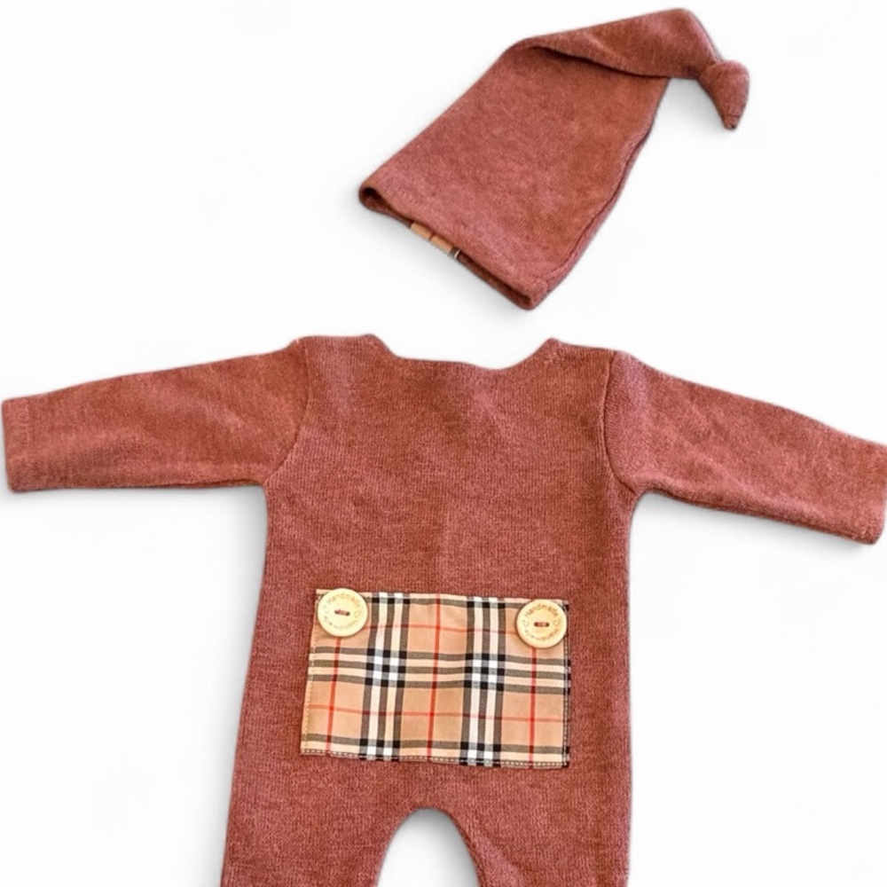 Plaid Pocket Burgundy Baby One Piece